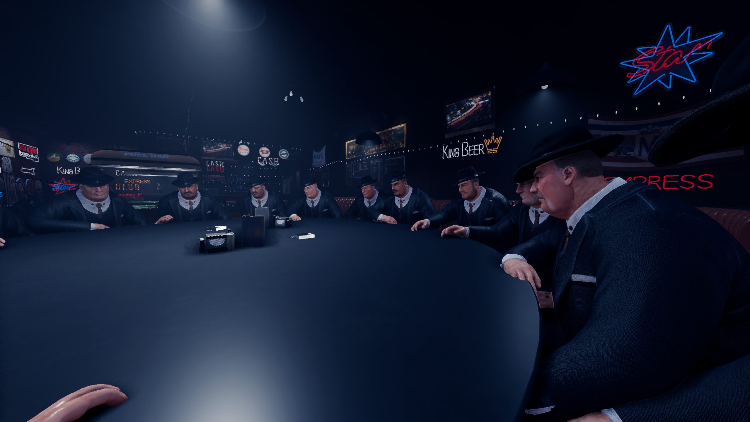 Guests gathered around a table inside the Mafia Hotel bar